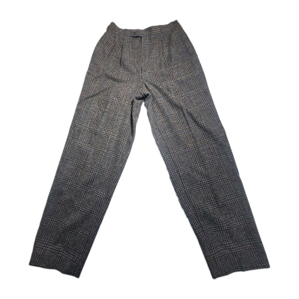 Vintage LL Bean Wool Trousers Womens 10 Gray Plaid Pleated Pants Made in USA